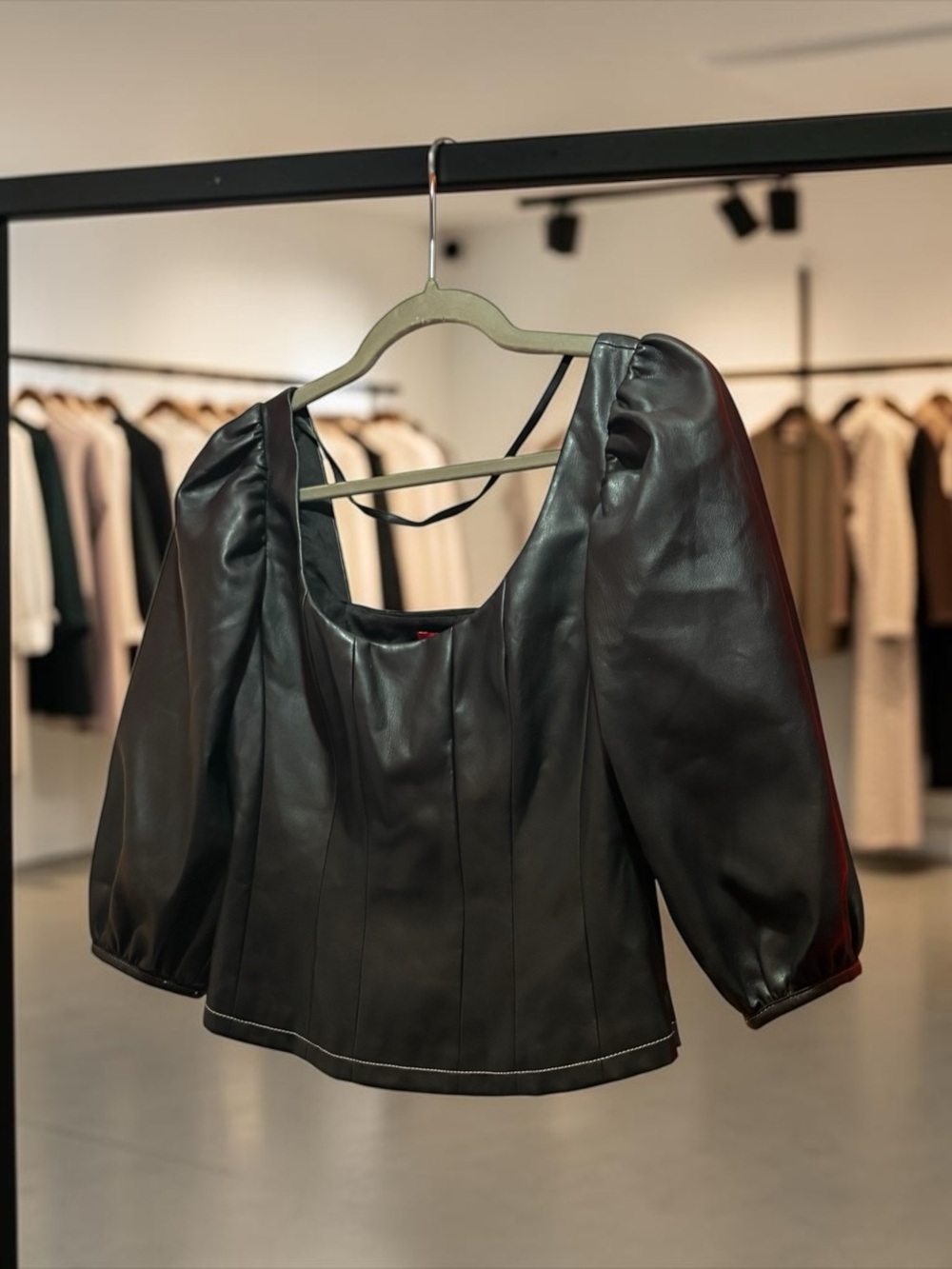 STAUD Black vegan leather Puff-Sleeve square neck Top Sz 4